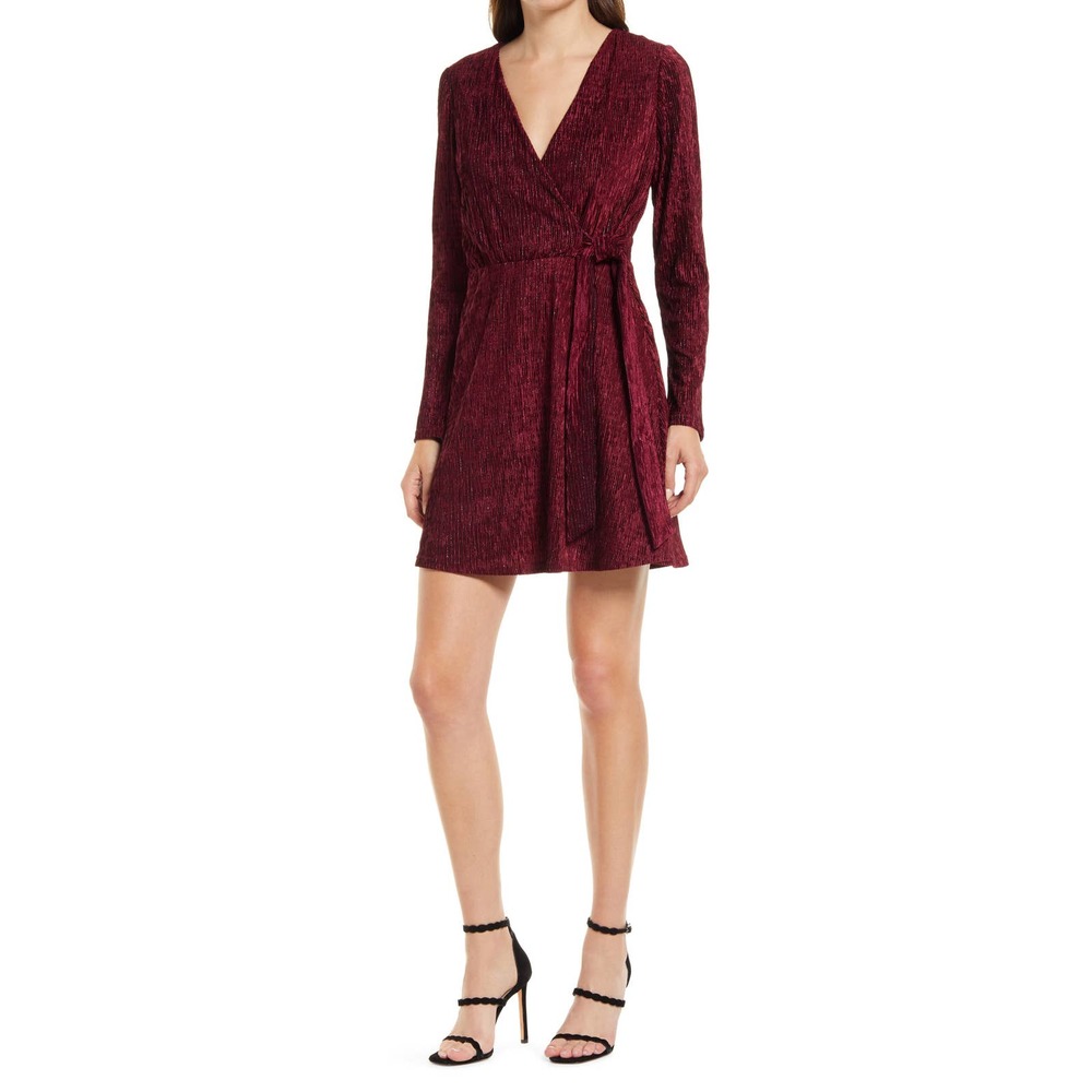 New Adelyn Rae Adeyln Raw Sylvie Crinkled Velet Side Tie Dress Burgundy X-Small